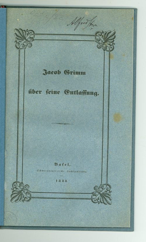 Titelblatt Jacob Grimm über seine Entlassung