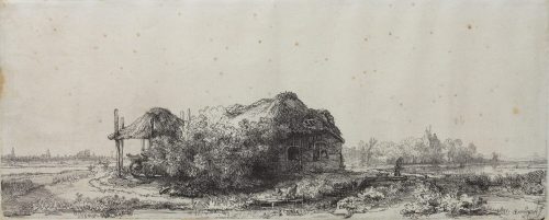 Rembrandt Harmenszoon van Rijn (Künstler*in), Landschaft mit Hütte und einem Heuschober, 1641