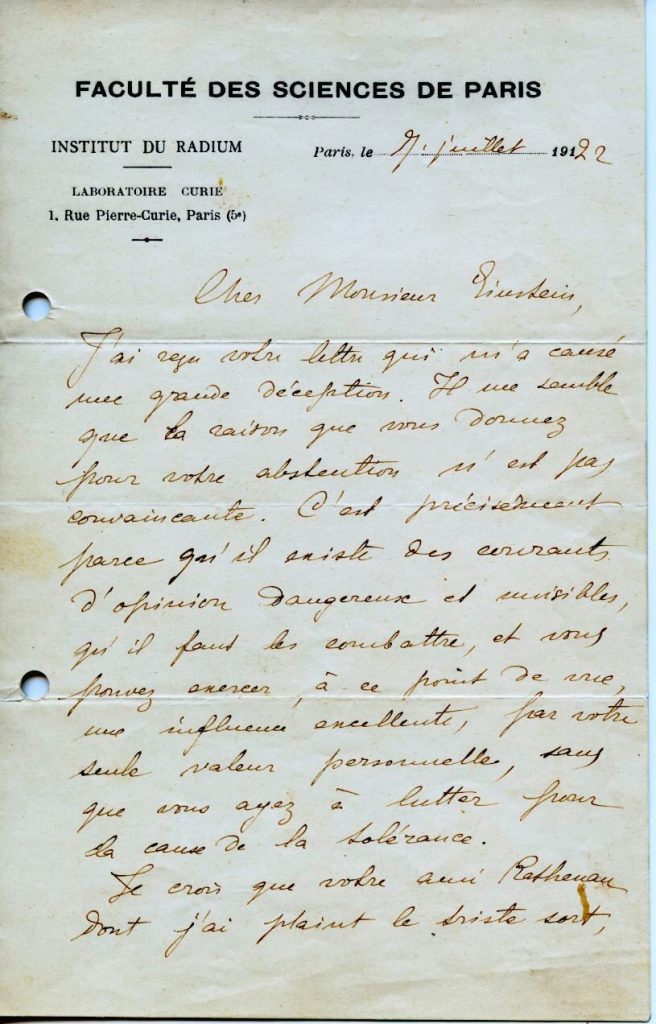 Brief von Marie Curie an Albert Einstein, 1. Seite