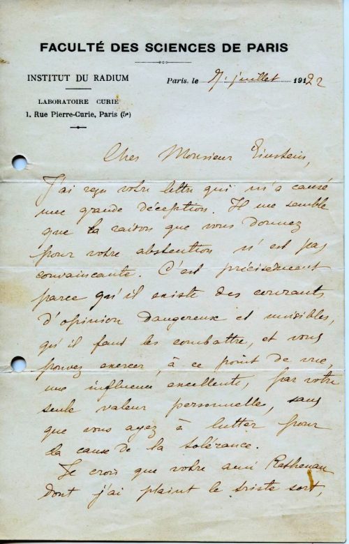 Brief von Marie Curie an Albert Einstein, 1. Seite