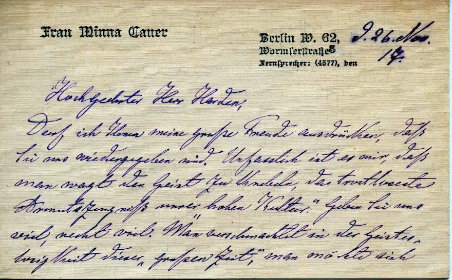 Briefkarte von Minna Cauer an Maximilian Harden, 1. Seite