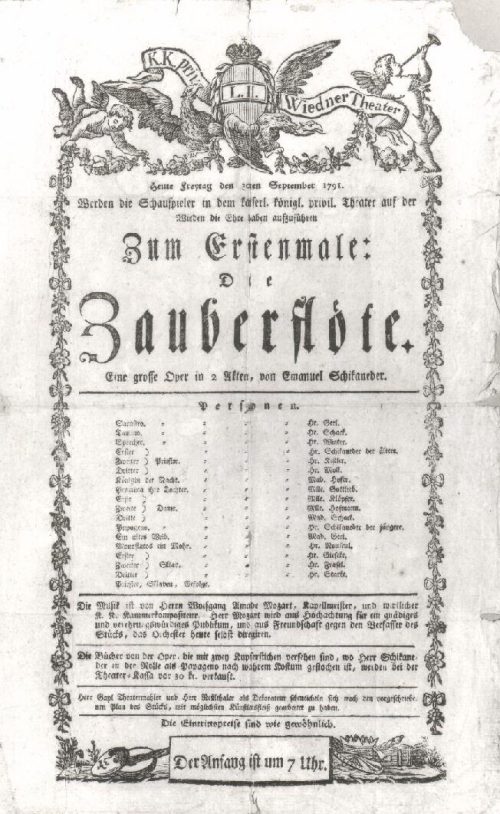 Wolfgang Amadeus Mozart (Komponist*in), Theaterzettel der Uraufführung der "Zauberflöte", 1791