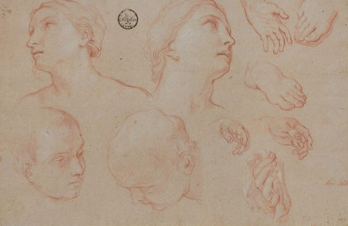 Carlo Maratti (Künstler*in), Studien zu Kopf, Hand und Fuß von Maria, der Hl. Eulalia und Männerköpfe, ca. 1654-1656