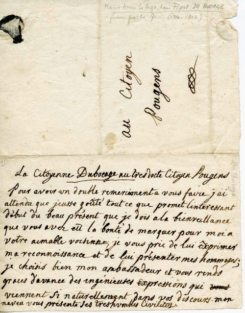 Brief von Marie Anne Duboccage an Charles de Pougens