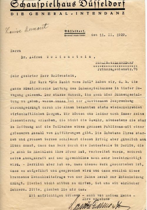 Brief von Louise Dumont an Alfred Wolfenstein