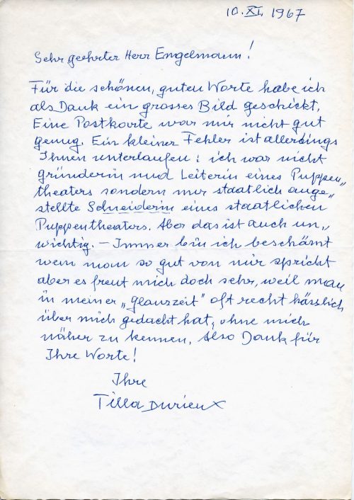 Brief von Tilla Durieux an Bernt Engelmann