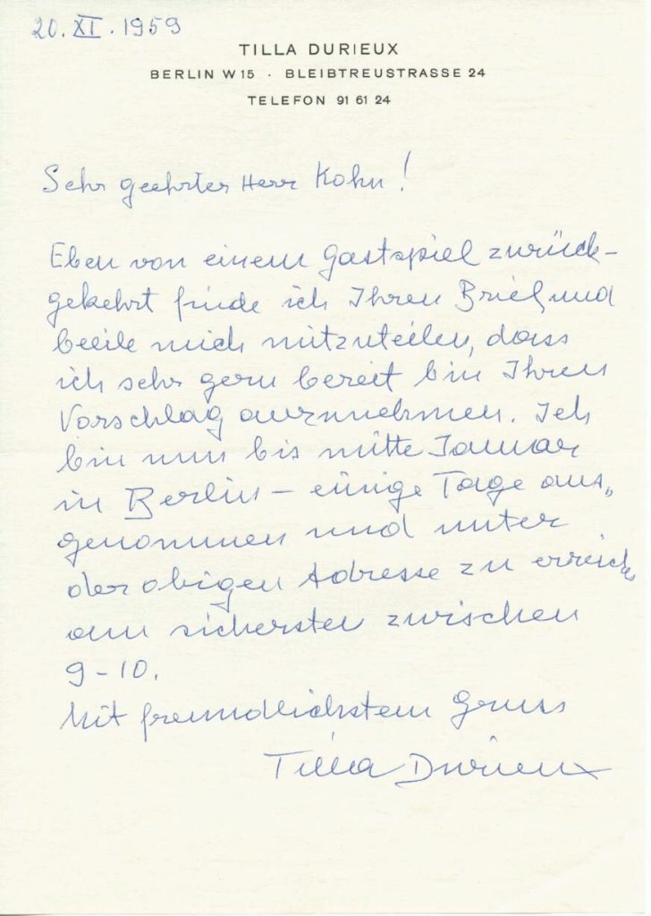 Brief von Tilla Durieux an Hein Kohn, 1959