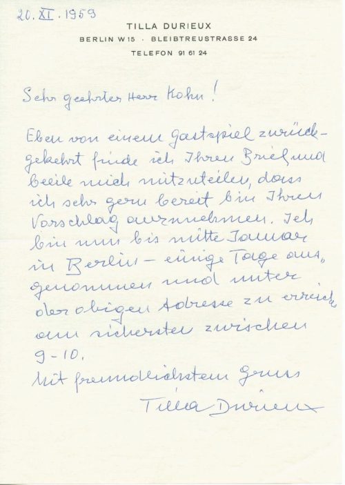 Brief von Tilla Durieux an Hein Kohn, 1959