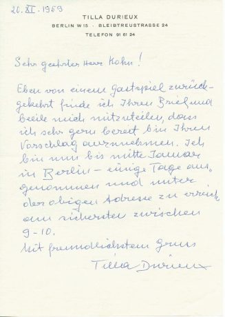 Brief von Tilla Durieux an Hein Kohn, 1959