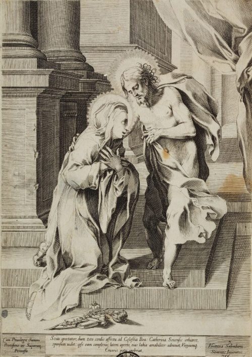 Francesco Villamena (Künstler*in), Die hl. Katharina von Siena trinkt von der Wunde Christi, 1588