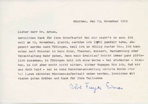 Brief von Freya Eisner an Frank Arnau