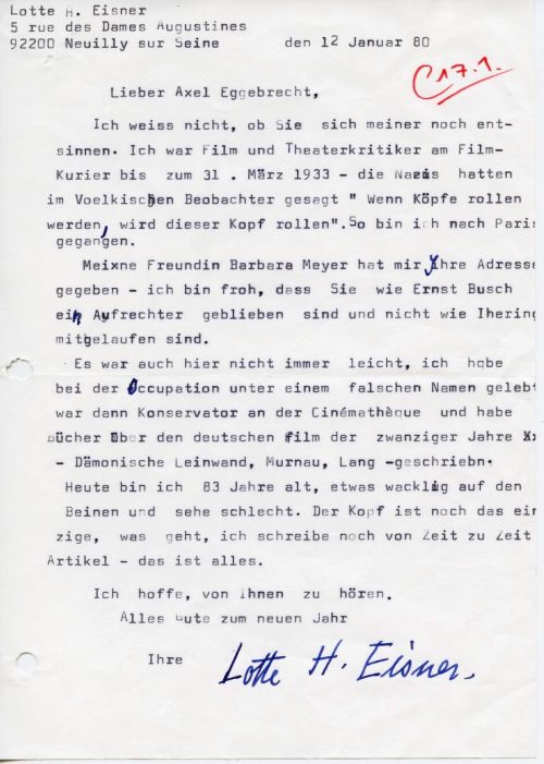 Brief von Lotte H. Eisner an Axel Eggebrecht