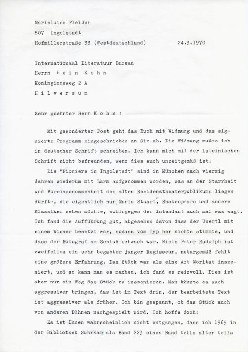 Brief von Marieluise Fleissner an Hein Kohn, 1. Seite