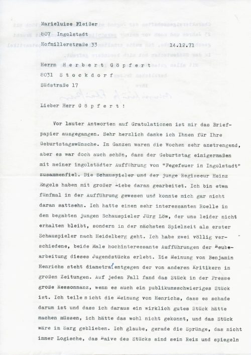 Brief von Marieluise Fleissner an Herbert G. Göpfert, 1. Seite