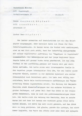 Brief von Marieluise Fleissner an Herbert G. Göpfert, 1. Seite