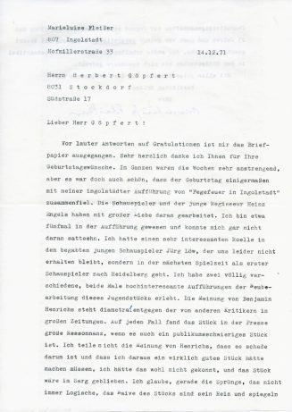 Brief von Marieluise Fleissner an Herbert G. Göpfert, 1. Seite