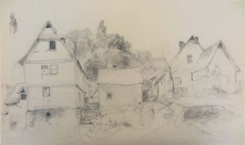 Jakob Fürchtegott Dielmann (Künstler*in), Dorf mit Burgruine, 1840er Jahre