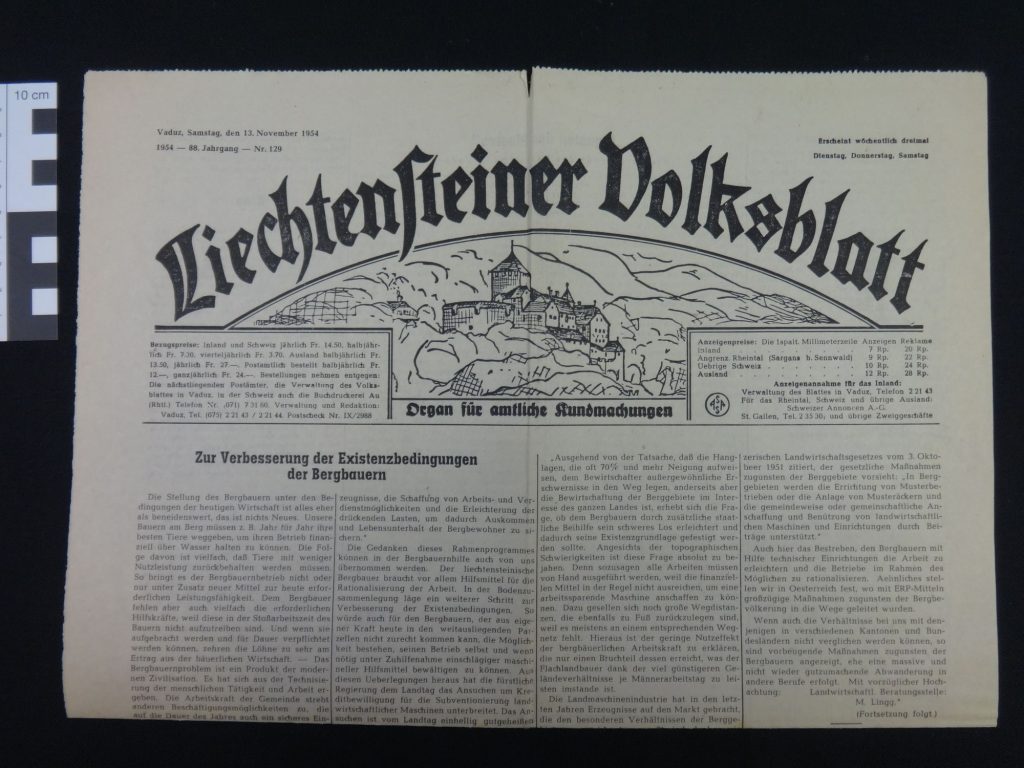 Liechtensteiner Volksblatt, Bericht über Erstaufführung des Film "Giganten des Meeres", 13. November 1954