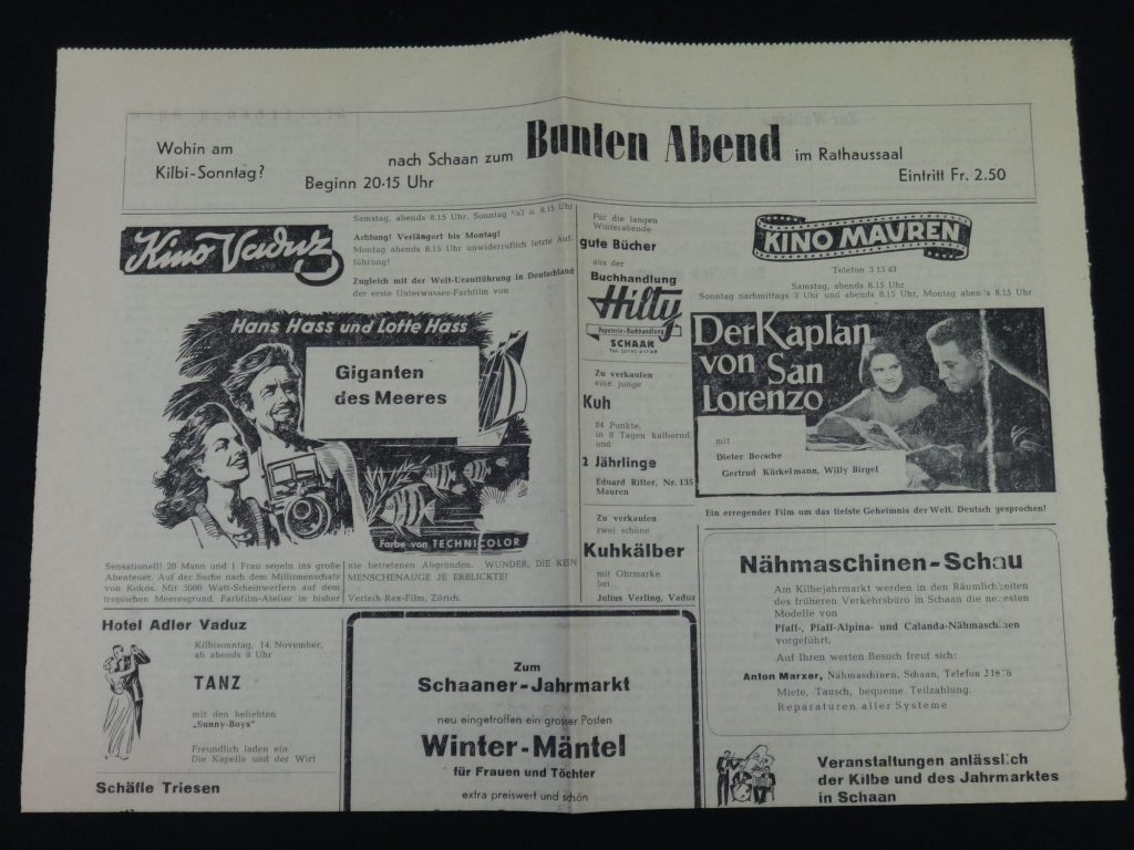 Zeitungsseite mit Kinoanzeige "Giganten des Meeres"im Liechtensteiner Volksblatt, 13. Nov. 1954