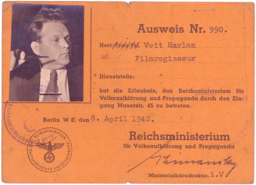 Veit Harlans Ausweis des Reichsministeriums für Volksaufklärung und Propaganda, 1942