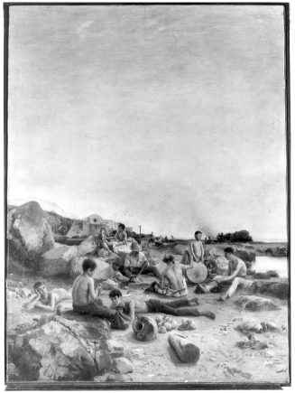 Ernst te Peerdt, Italienische Strandszene (Korallenfischer beim Netzestricken), 1879, Kunstpala ...