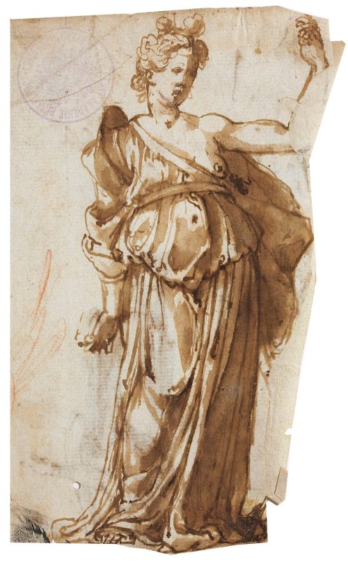 Francesco Maffei (Künstler*in), Stehende weibliche Figur mit erhobener Hand, 1. Viertel 17. Jahrhundert