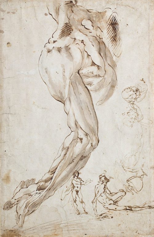 Cherubino Alberti  (Künstler*in), Anatomische Studie eines Armes, Figuren- und Kopfskizzen, um 1600