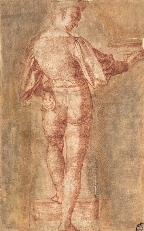 Baccio Bandinelli (Künstler*in), Stehende männliche Figur vom Rücken gesehen, eine Schale tragend, für ein Relief mit der Geburt der Jungfrau, Santa Casa, Loreto, um 1518