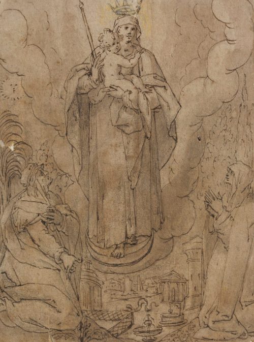 Unbekannt (Künstler*in), Madonna auf der Mondsichel, von zwei Frauen verehrt, 16. Jahrhundert