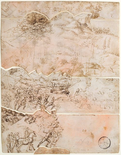 Unbekannt (Künstler*in), Landschaft und Kämpfende auf Zeichnungsfragmenten, um 1460