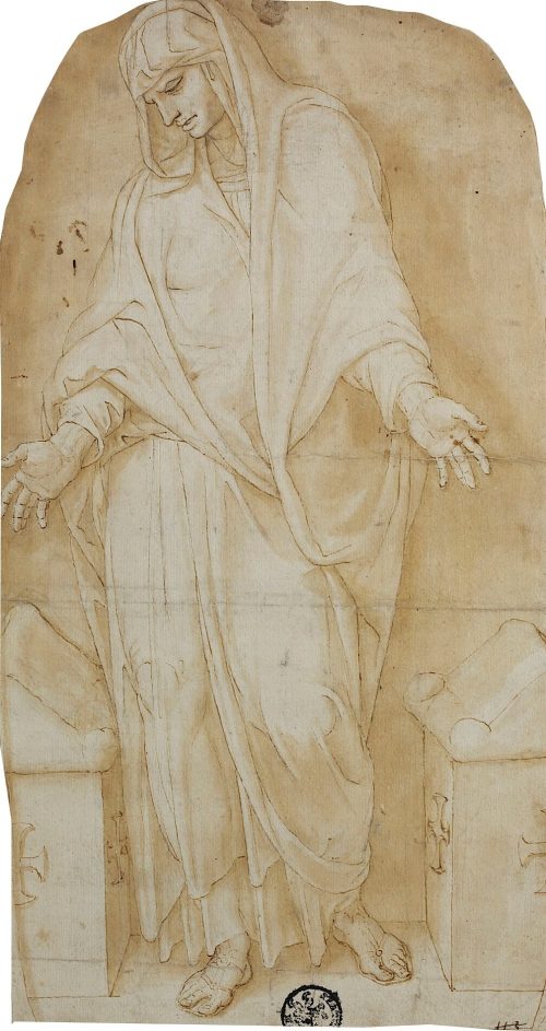 Giovanni Francesco Bezzi (Künstler*in), Zwischen zwei Sarkophagen (?) stehende Gewandfigur, 16. Jahrhundert