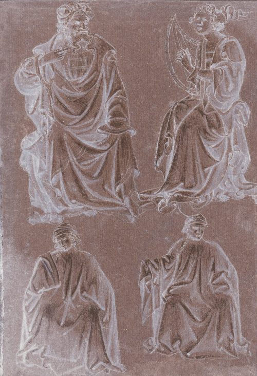 Gherardo di Jacopo (Künstler*in), Vier sitzende Figuren: sitzender Prophet, jugendliche Gestalt mit Harfe (Engel?), zwei Figuren in zeitgenössischen Trachten (Richter oder Gelehrte), zwischen 1404 und 1407