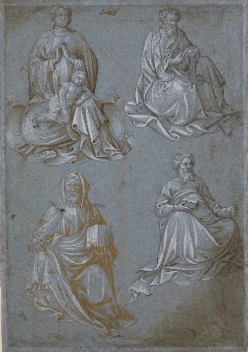 Gherardo di Jacopo (Künstler*in), Vier sitzende Figuren: Madonna und drei sitzende Heilige mit Büchern und Schreibgerät, zwischen 1404 und 1407