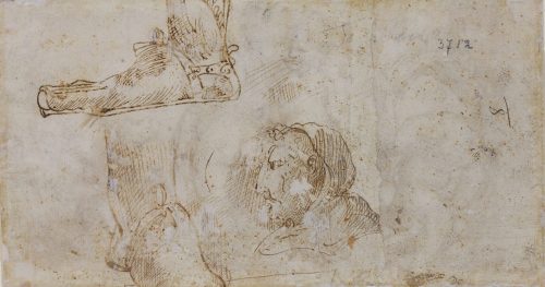 Domenico Campagnola (Künstler*in), Skizze eines Kopfes und zweier Füße in Sandalen, um 1520/1522