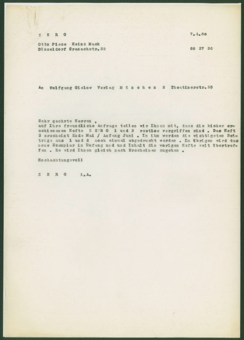 ZERO (Absender*in), Korrespondenz von Otto Piene und Heinz Mack an Wolfgang Gielow, 07.04.1960