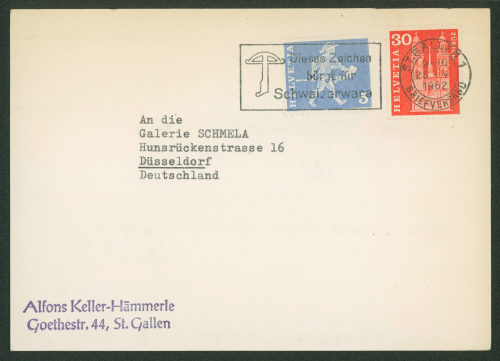 Galerie Schmela (Empfänger*in), Korrespondenz von Alfons Keller-Hämmerle an die Galerie Schmela, 29.05.1962