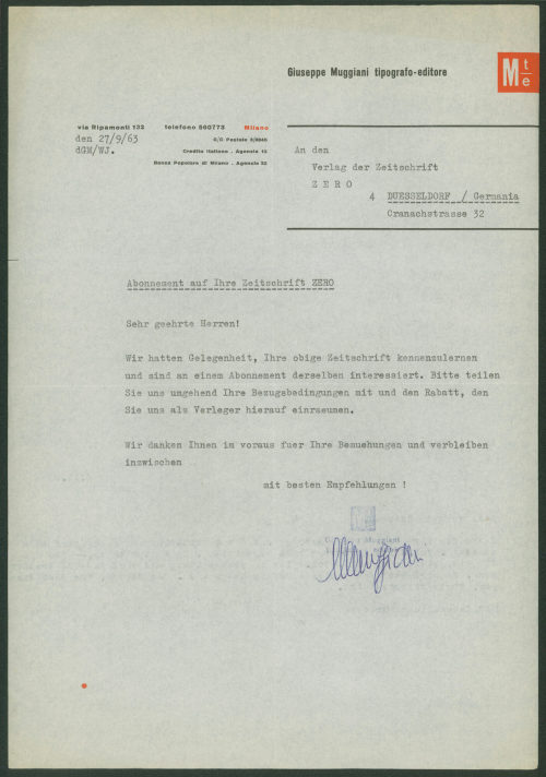 ZERO (Empfänger*in), Korrespondenz von Giuseppe Muggiani an ZERO und von ZERO an Giuseppe Muggiani, 27.09.1963; 04.11.1963