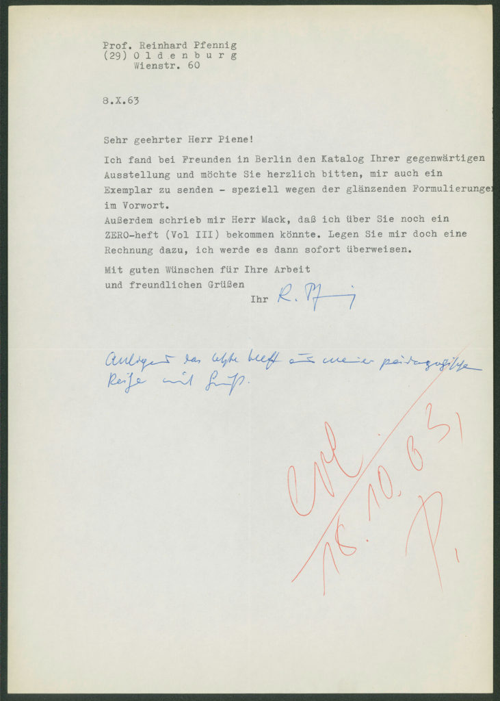 Korrespondenz von Prof. Reinhard Pfennig an Otto Piene