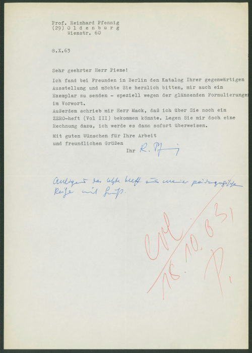 Otto Piene (Empfänger*in), Korrespondenz von Prof. Reinhard Pfennig an Otto Piene, 08.10.1963