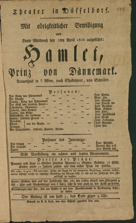 Theaterzettels zu "Hamlet" von William Shakespeare. Aufführung am 3.4.1816 im Theater in Düssel ...