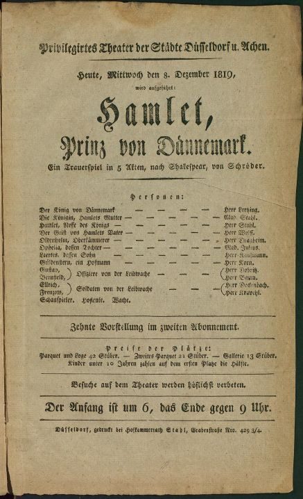 Theaterzettel zu "Hamlet" von William Shakespeare. Aufführung am 8.12.1819 im Previligirten The ...