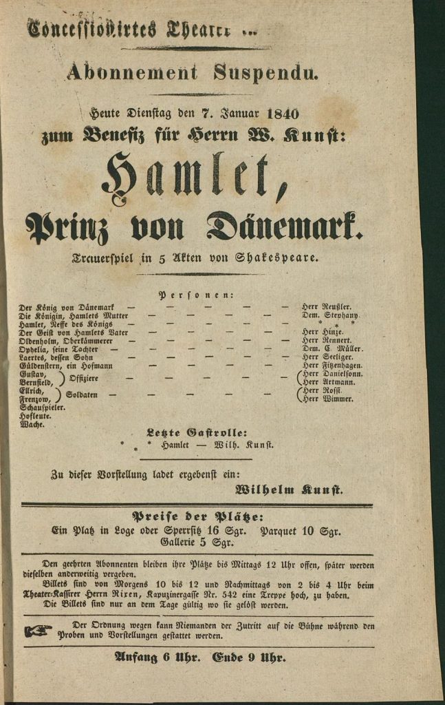 Theaterzettel zu "Hamlet" von William Shakespeare. Aufführung am 7.1.1840 im Concessionirten Th ...