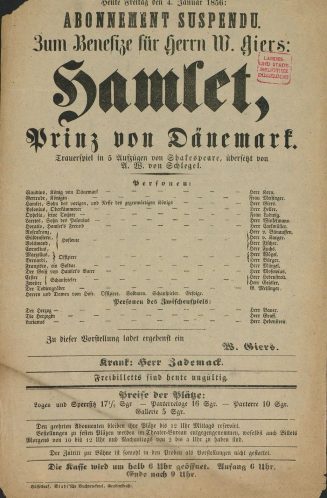 Theaterzettel zu "Hamlet" von William Shakespeare. Aufführung am 4. Januar 1856 im Stadt-Theate ...