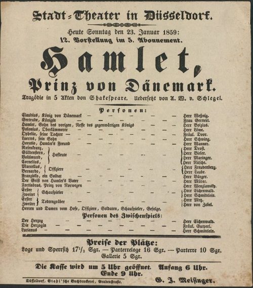 Theaterzettel zu "Hamlet" von William Shakespeare. Aufführung am 23. Januar 1859 im Stadt-Theat ...