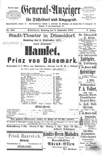 Kopie eines Theaterzettels zu "Hamlet" von William Shakespeare. Aufführung am 8. September 1877 ...