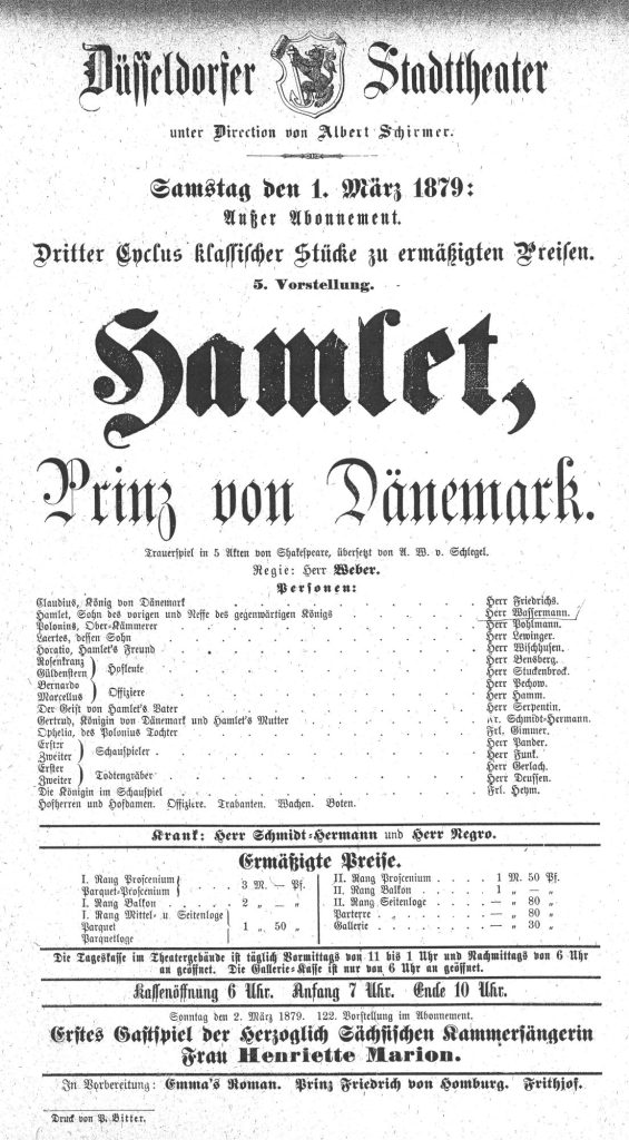 Kopie eines Theaterzettels zu "Hamlet" von William Shakespeare. Aufführung am 1. März 1879 im D ...