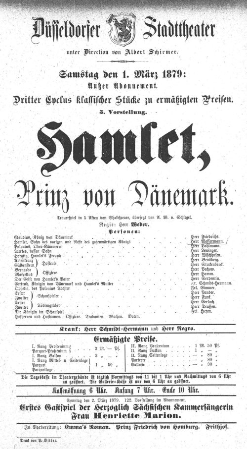 Kopie eines Theaterzettels zu "Hamlet" von William Shakespeare. Aufführung am 1. März 1879 im D ...