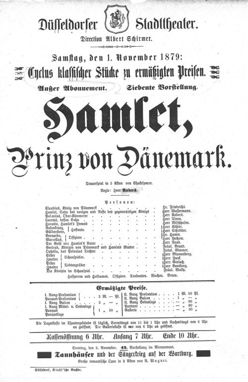 Kopie eines Theaterzettel zu "Hamlet" von William Shakespeare. Aufführung am 1. November 1879 i ...