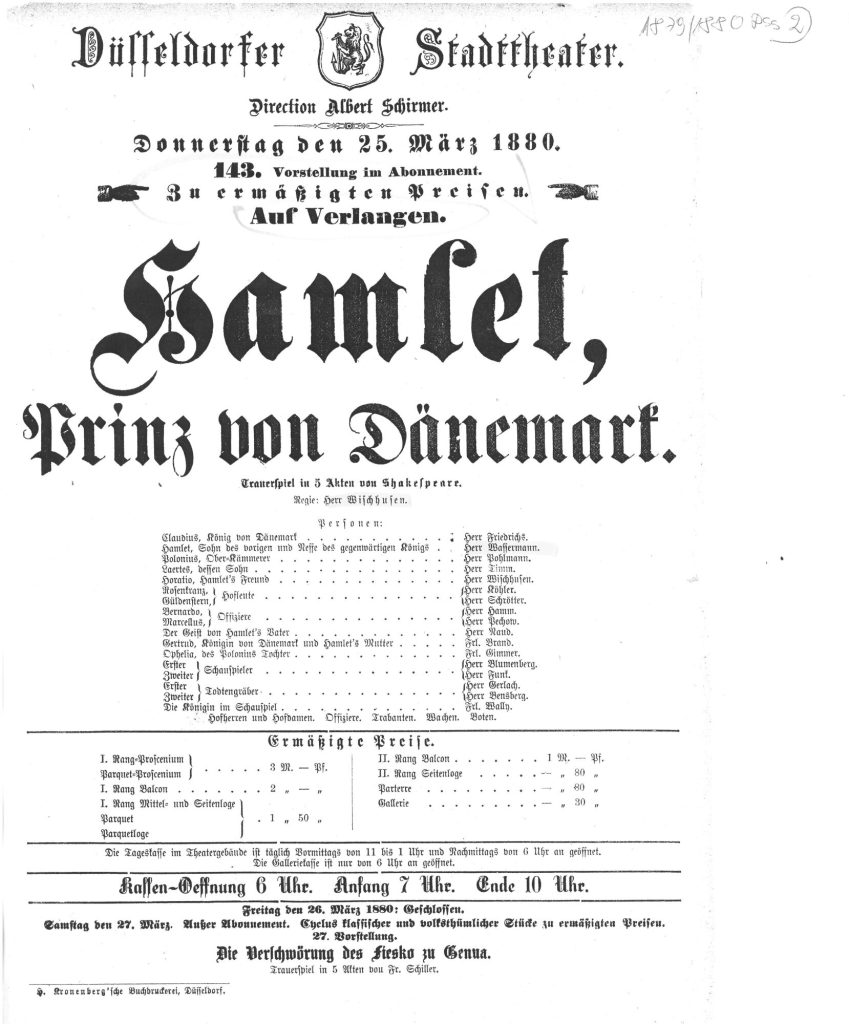 Kopie eines Theaterzettels zu "Hamlet" von William Shakespeare. Aufführung am 25 März 1880 im D ...