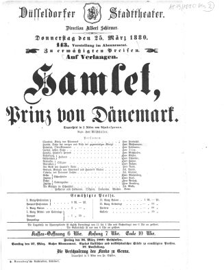 Kopie eines Theaterzettels zu "Hamlet" von William Shakespeare. Aufführung am 25 März 1880 im D ...